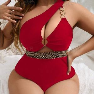 SHEIN Swim Curve Plus Ring Linked Cut Out One Shoulder One Piece Swimsuit